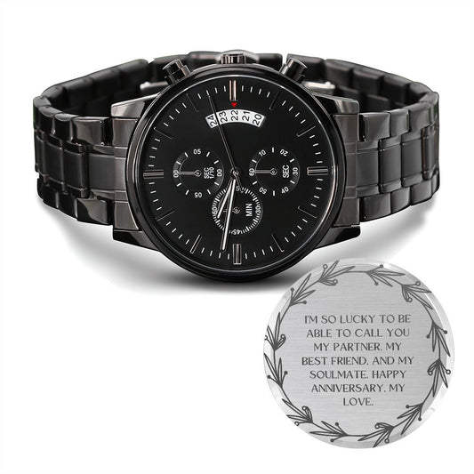 Engraved Design Black Chronograph Watch